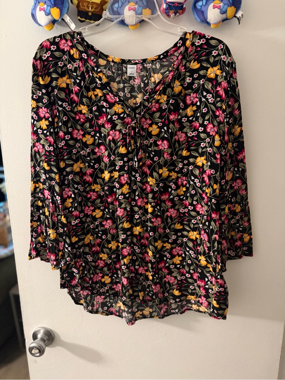 Old Navy Black Floral Tie-Front Blouse with Pink & Yellow Blooms